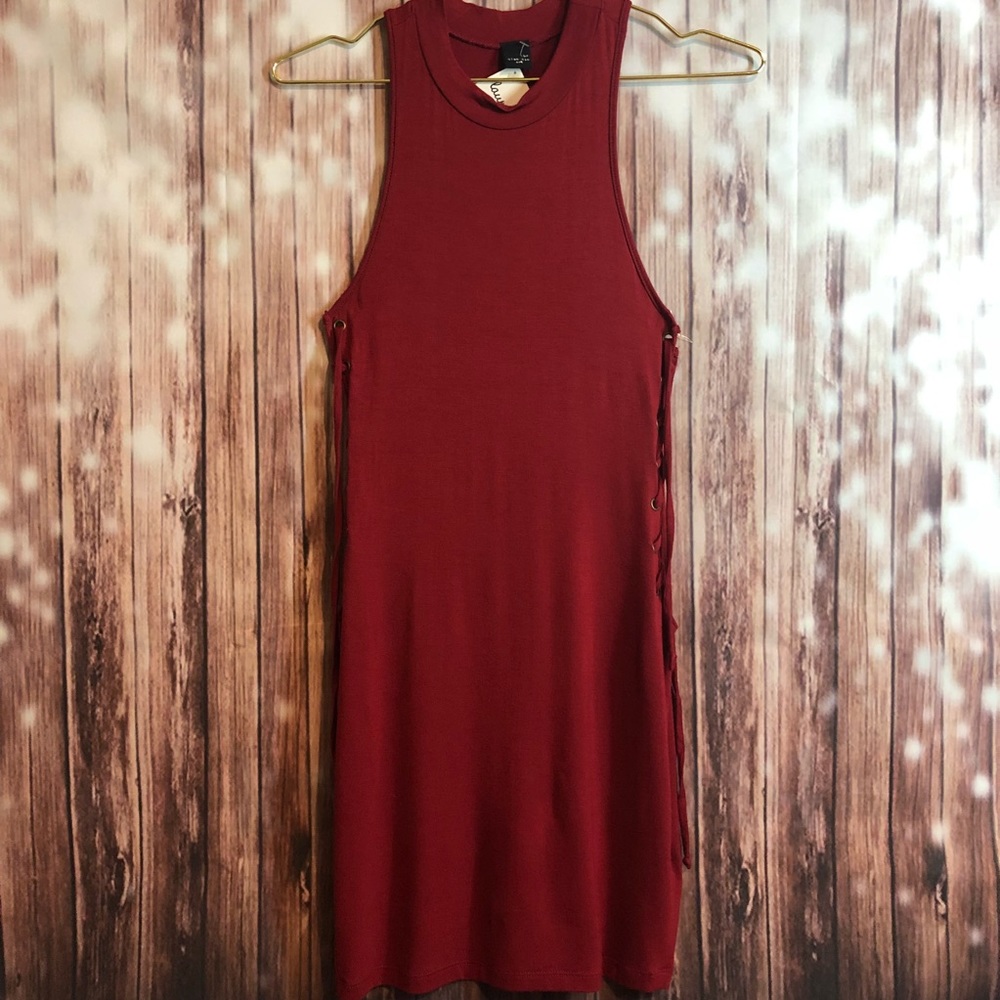Red side lace up body con dress u neck